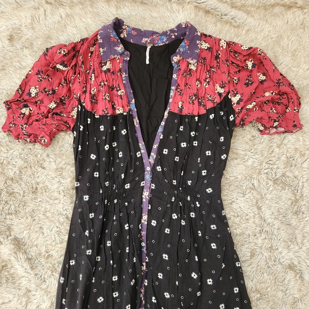 Free People Nora‎ Midi Dress Short Sleeve Red & Black Floral Print Women's Large